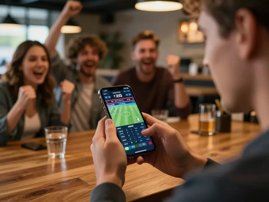 Bong88 user engaged in real-time sports betting on smartphone in lively bar atmosphere