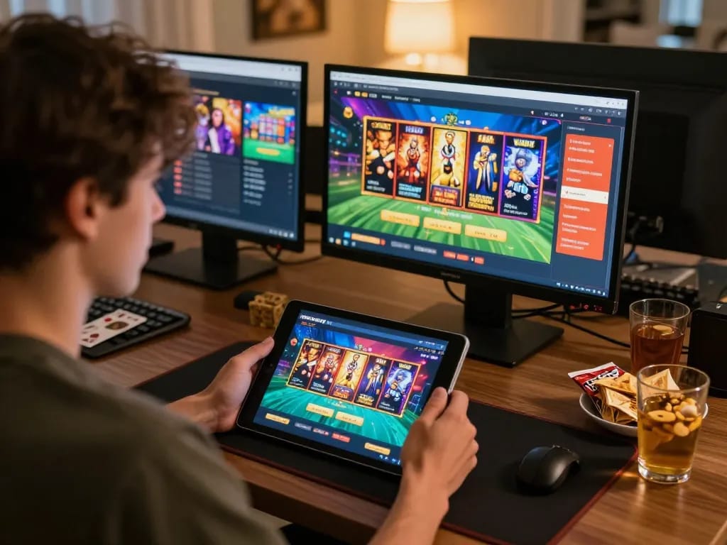 KADAL778 player engaging with online games on a tablet in a cozy home setting.
