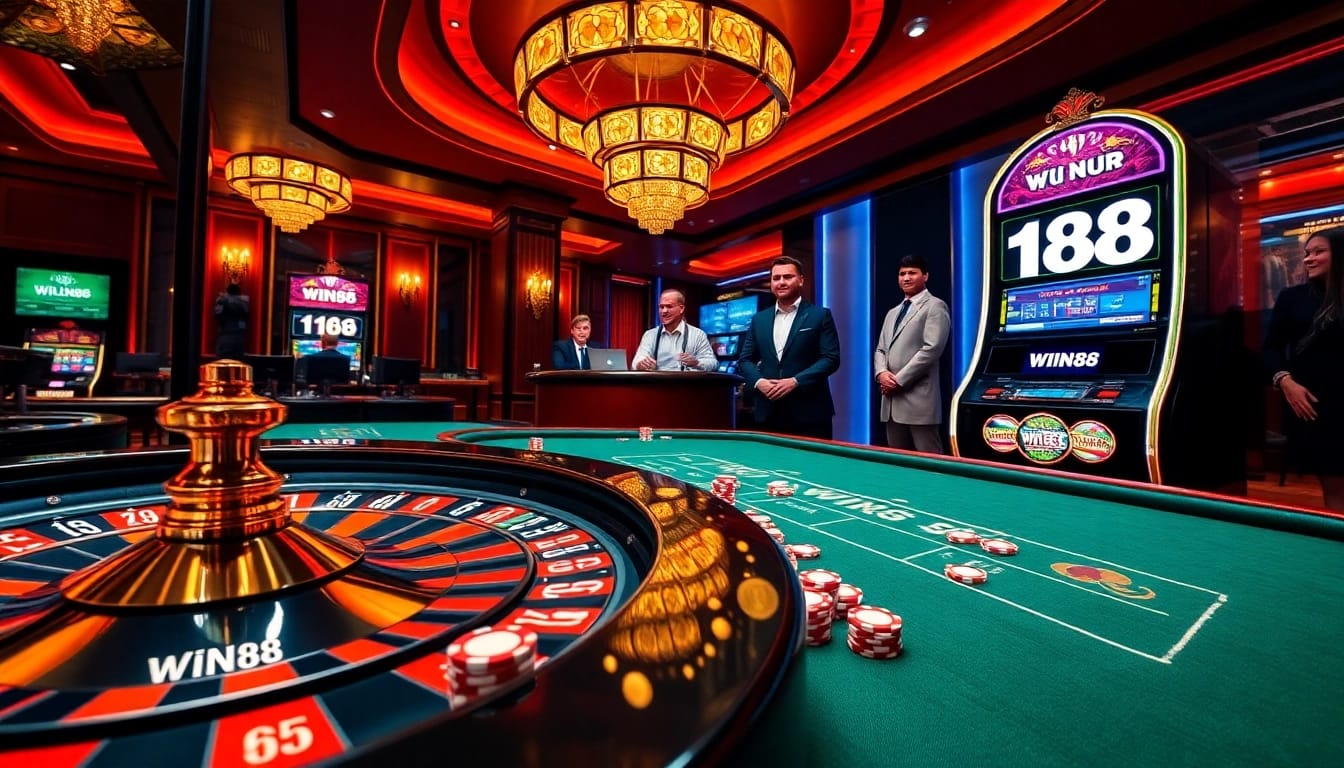 WIN88 players enjoying a thrilling casino experience with vibrant tables and exhilarating slot machines.