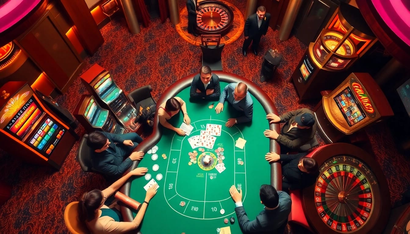 Exciting players enjoying the B52 game at a glamorous casino table amidst vibrant slot machines.