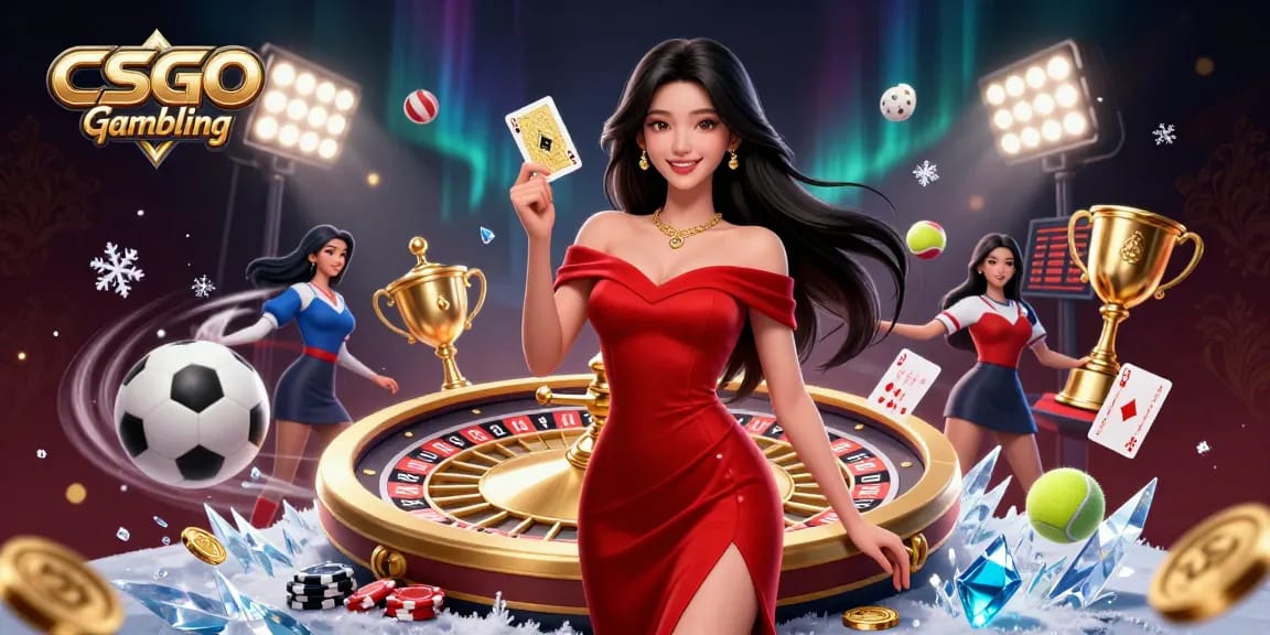 Suasana perjudian CSGO yang menampilkan wanita percaya diri dan elemen seperti roulette, bola olahraga, dan slip taruhan.