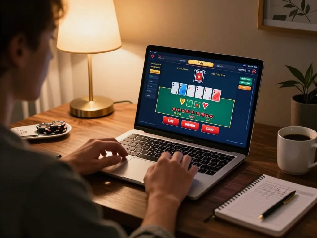 Engaging in blackjack online at sin88, showcasing a stylish laptop setup with strategic gameplay.
