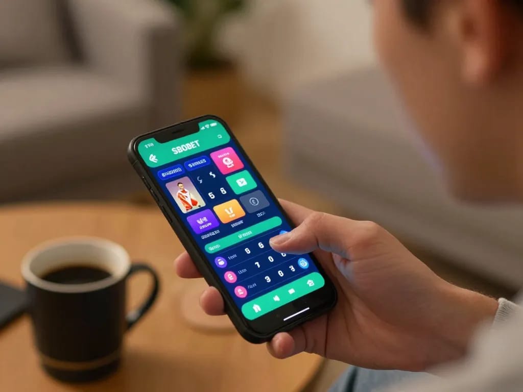 Aplikasi mobile SBOBET menunjukkan opsi taruhan langsung selama sesi taruhan olahraga yang intens