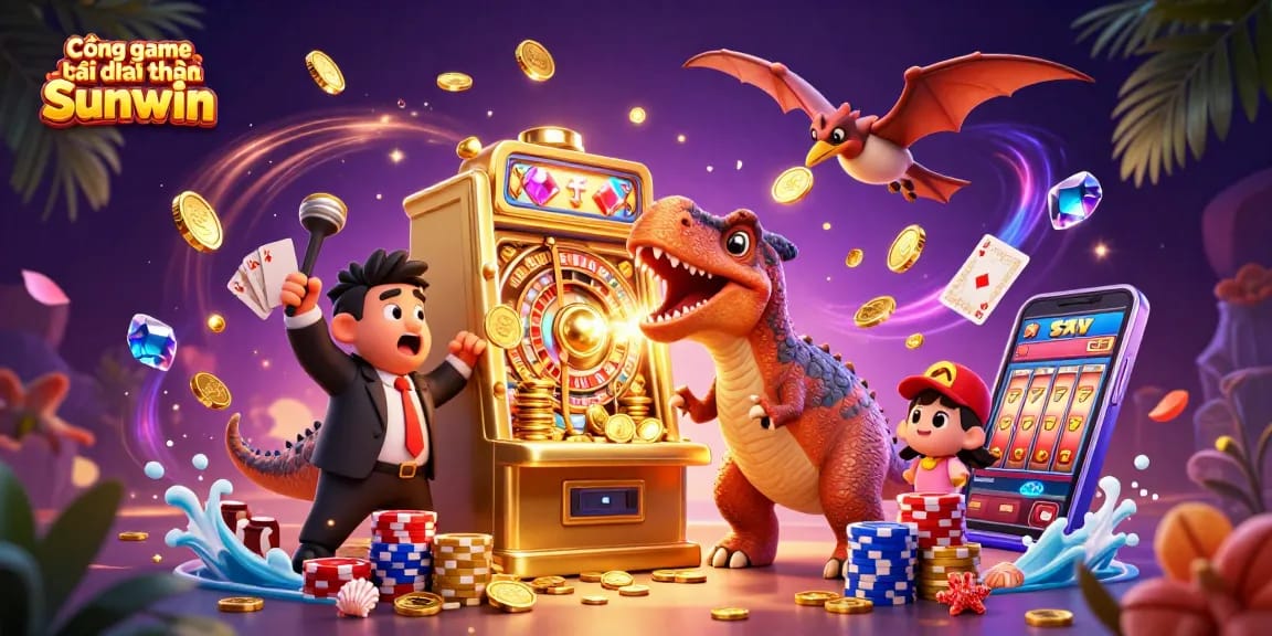 Cổng game bài đổi thưởng Sunwin features a cartoon dinosaur hitting a golden slot machine among cascading coins.