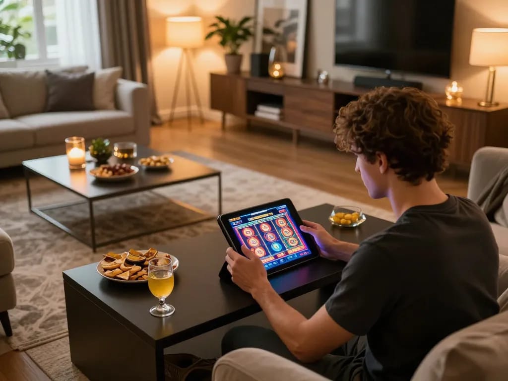 Engaging in online gambling at home with bong99 slot games on tablet interface