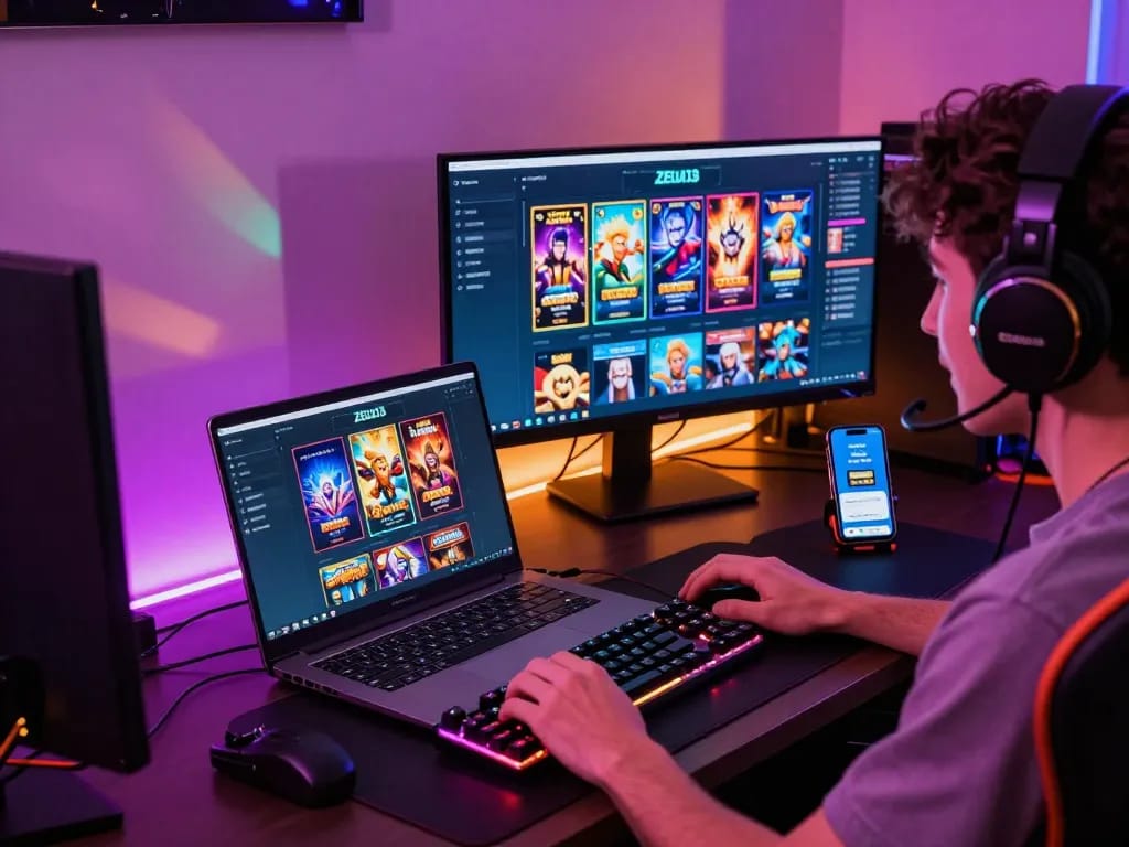 Player enjoying Zeus138 online slot games on a laptop surrounded by gaming accessories and vibrant LED lights.