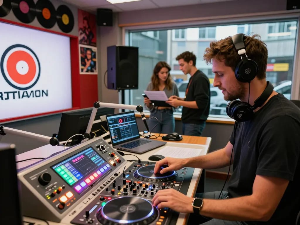 DJ mencampur lagu di studio radio yang semarak menampilkan suasana hotplay96.