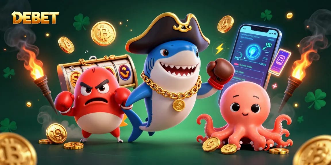 DEBET brings excitement with a cheerful pirate shark, pufferfish, and octopus amidst dynamic slot and crypto visuals.