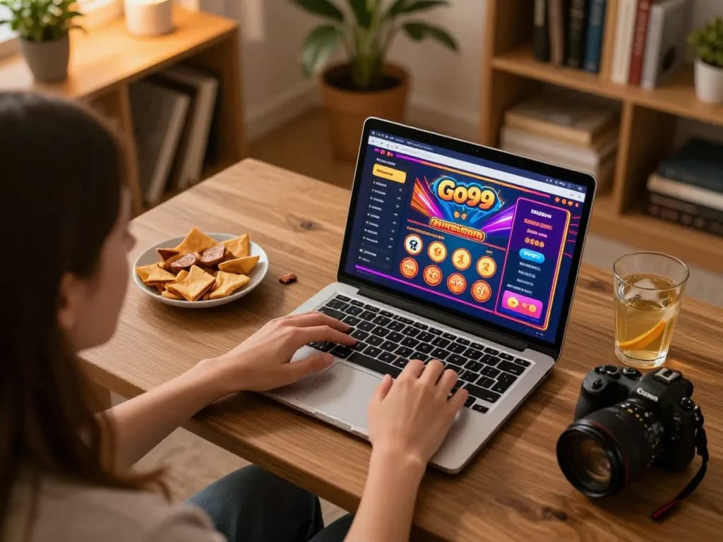 Engaging in a thrilling Go99 online casino session with snacks and a vibrant gaming interface.