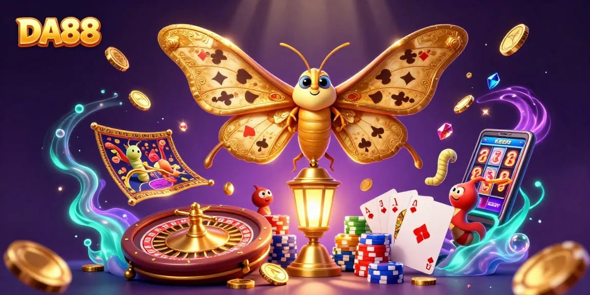 Experience thrilling gaming action at DA88 with a vibrant 3D illustration showcasing a fantasy casino scene.