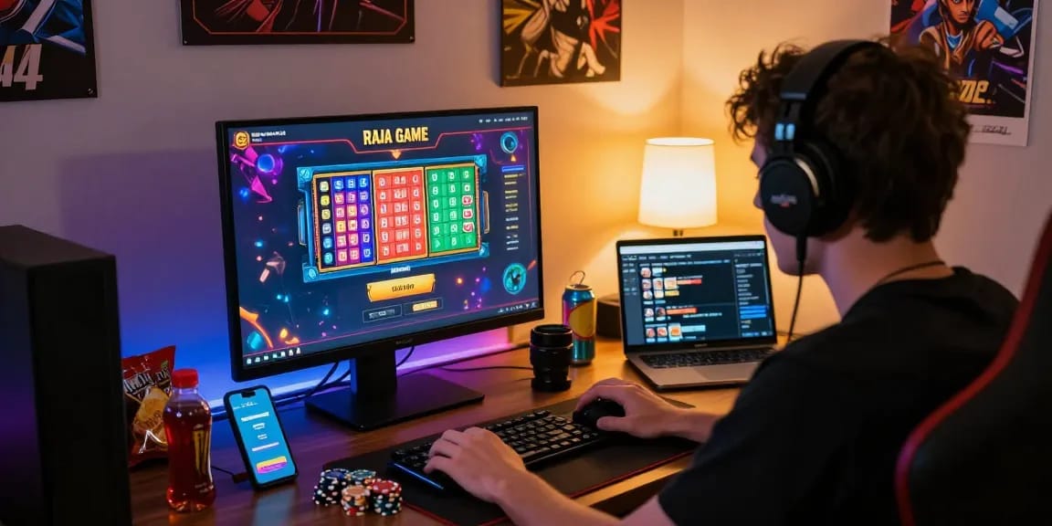 Player focused on Raja Game login, vibrant gaming setup with colorful graphics and snacks