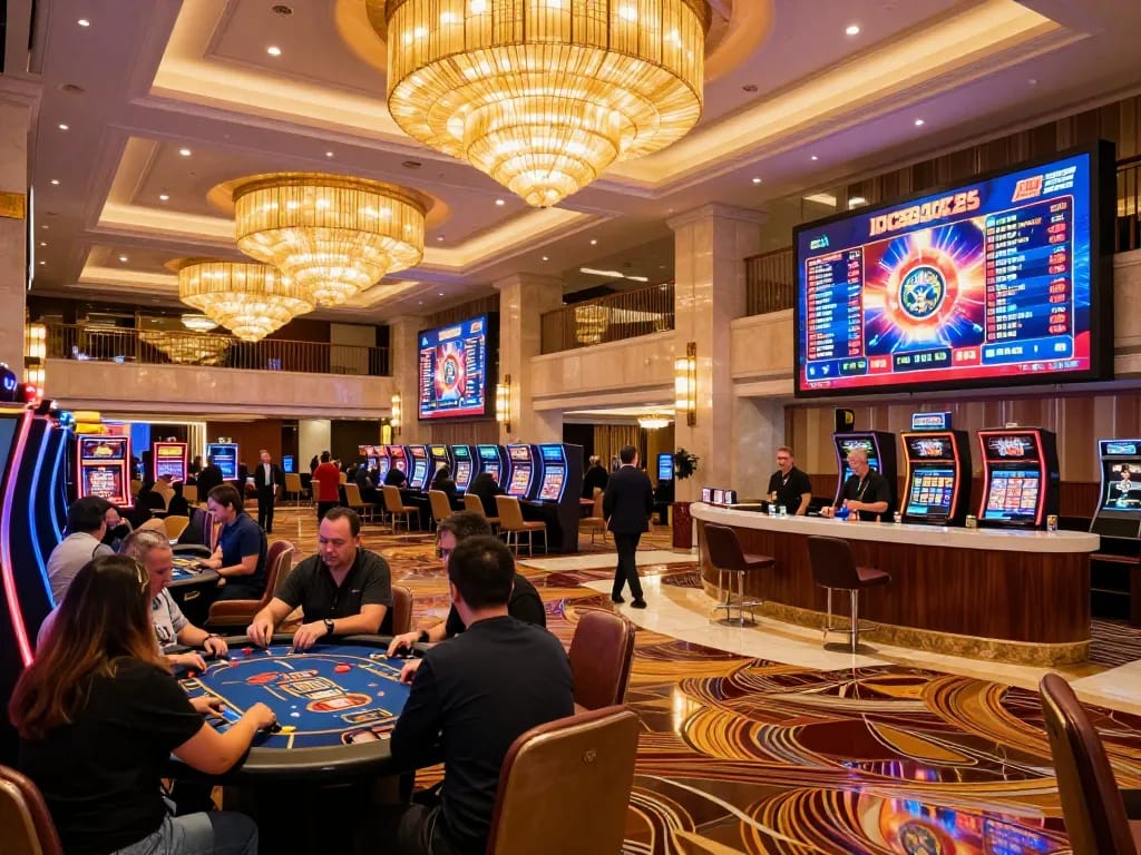 IDC88JOKER players engage in lively discussions at an upscale casino, vibrant atmosphere with promotional displays.