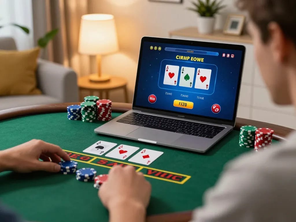 Engaging in live dealer blackjack online with mm88 at home, showcasing strategic gameplay.