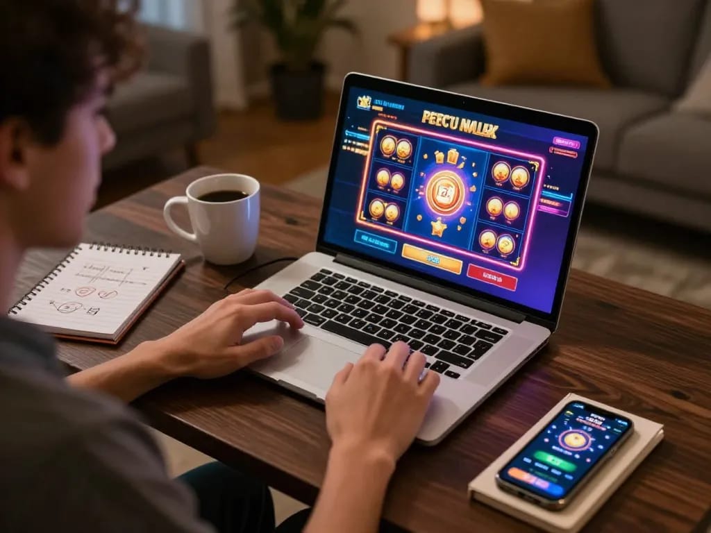 cm88 player enjoying online slots on a laptop in a cozy home setting