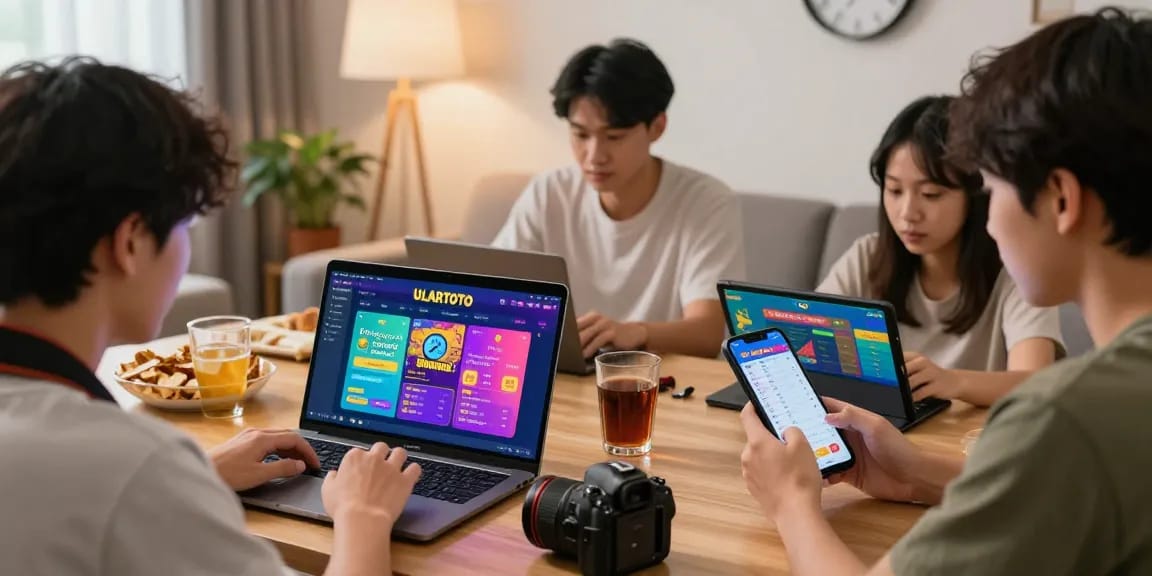 Exciting ULARTOTO togel online gaming scene with players engaged, modern home setup.