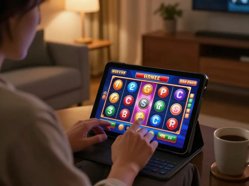 Engaging in online slots gameplay at home on gincal, showing vibrant tablet screen and cozy atmosphere.