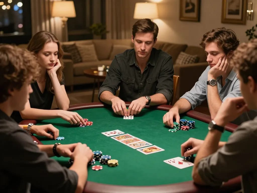 KADAL778 players enjoying a passionate poker game surrounded by friends and warm home ambiance