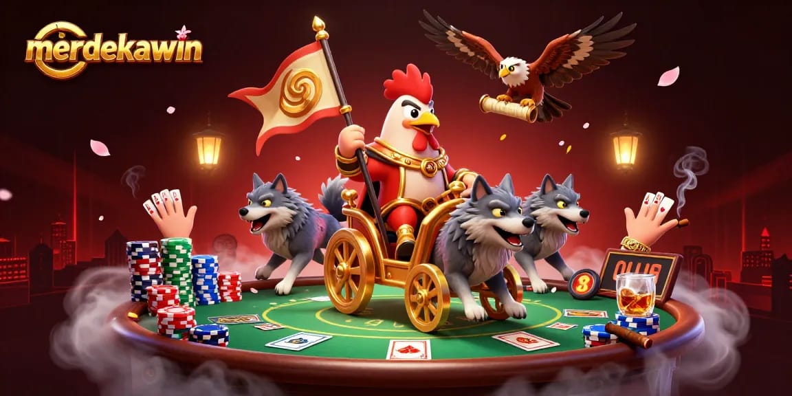 Merdekawin menawarkan suasana kasino dengan ayam jantan bersenjata, singa, dan tumpukan chip poker berwarna-warni.