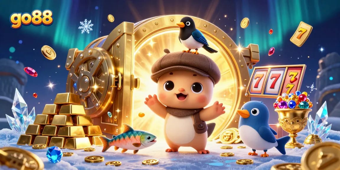 Spin and win at go 88, featuring a playful baby Nessie with casino elements!