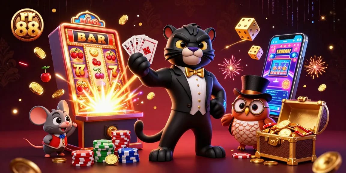 Engage with rr 88's vibrant casino scene featuring characters dealing cards amid a jackpot explosion.