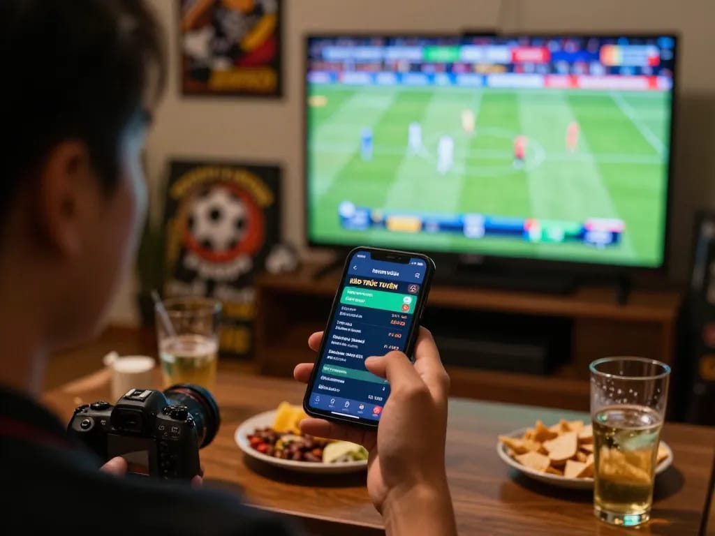 KÈO TRỰC TUYẾN betting options displayed on smartphone during a lively sports gathering