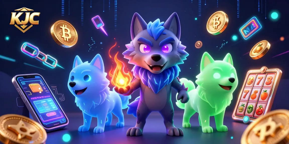 KJC enhances your gaming experience with mesmerizing ghostly wolves and crypto elements amidst vibrant casino symbols.