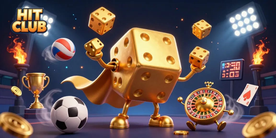 Engage with the HIT CLUB in an immersive 3D casino scene teeming with dice, cards, and sports elements.