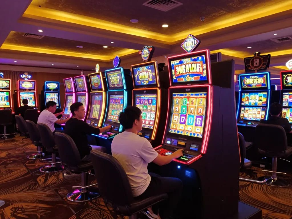 Players enjoying thrilling gameplay at 1001SLOT with colorful slot machines in a lively casino.