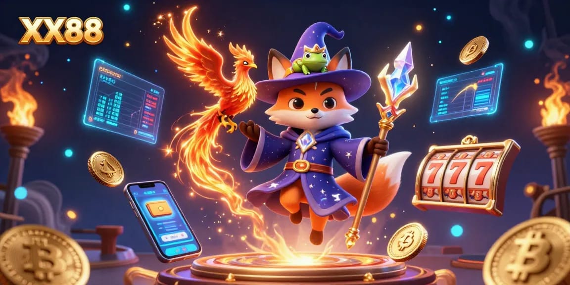 Experience thrilling gameplay with XX88's vibrant 3D casino scene featuring a wizard fox, phoenix, and various gaming elements.