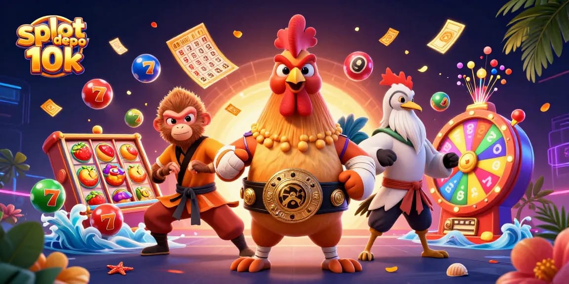Play exciting slot depo 10k with dynamic illustrations of a Muay Thai rooster and a Shaolin monkey amid colorful game elements.