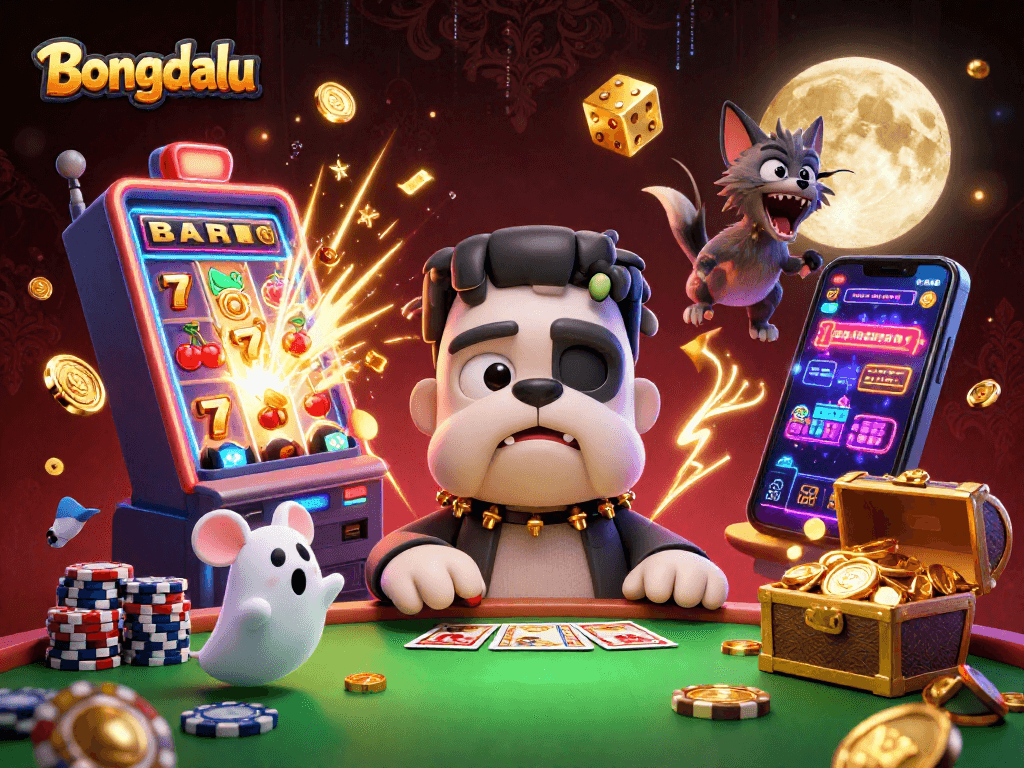 Bongdalu showcases a lively scene with a cartoon bulldog and gaming elements creating excitement at a casino table.