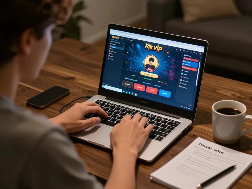 Engaging player strategizing while playing rik vip online casino games on laptop.