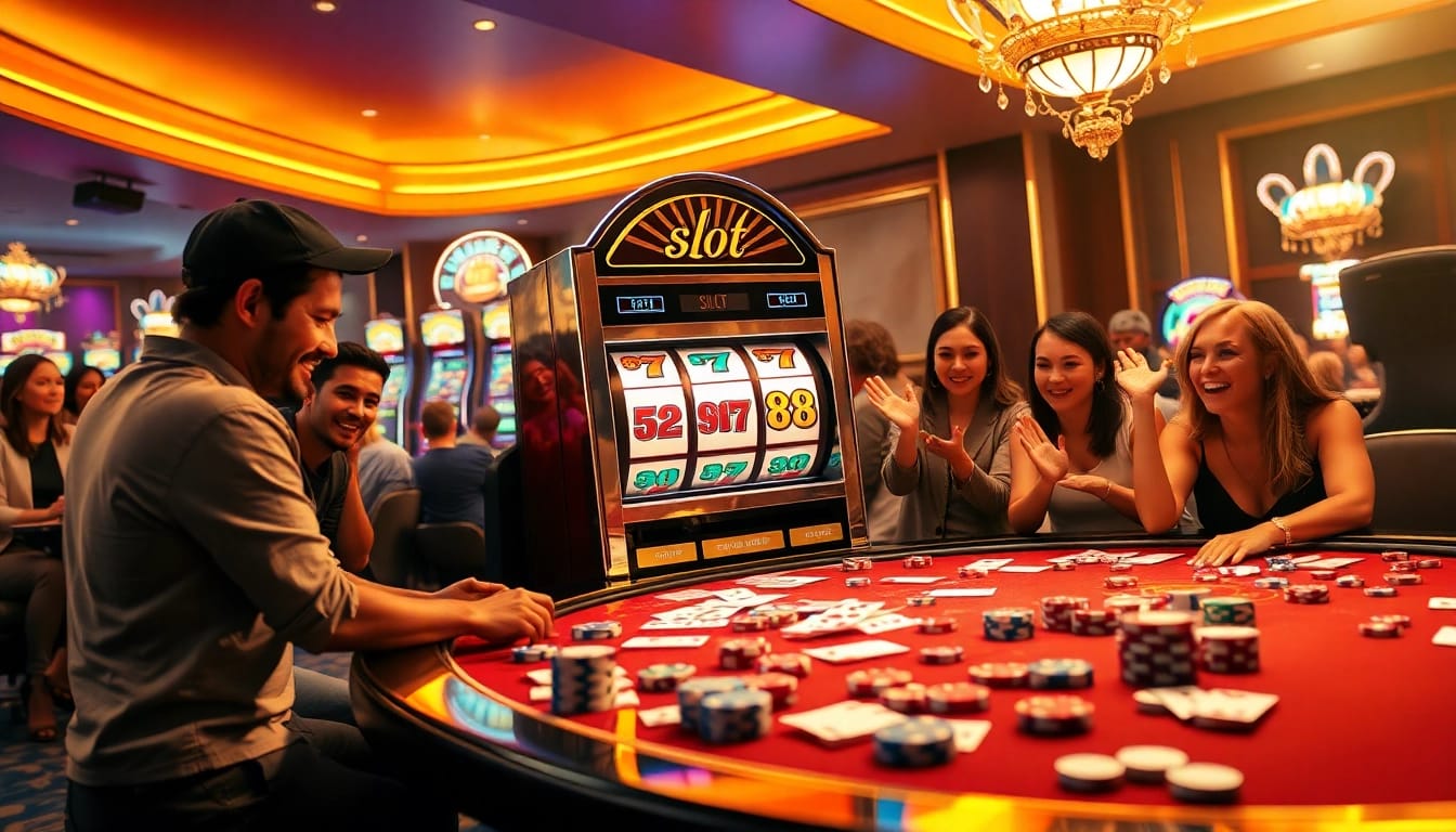 Terlibat dengan slot88 di sebuah adegan kasino yang mendebarkan menampilkan mesin slot yang penuh warna dan pemain yang antusias.