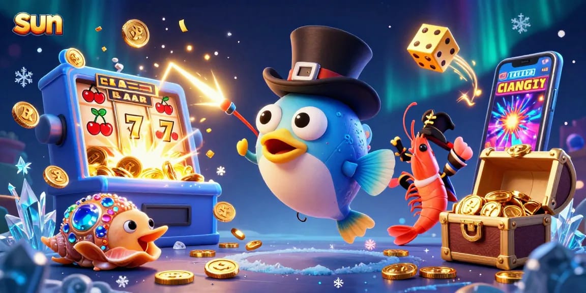 Experience sun-themed slots with a dazzling anglerfish and pirate shrimp in a vibrant casino scene.