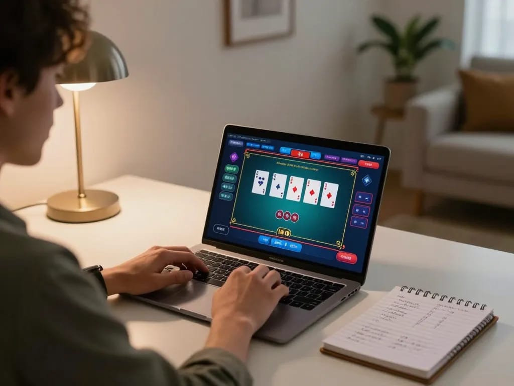 Player using lc88 online casino platform on laptop for engaging poker gameplay.
