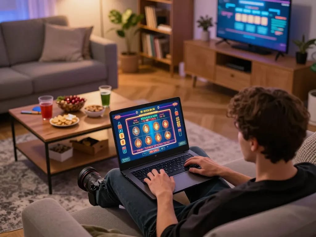 Engaged player gaming online at cm88 with colorful interface and cozy home setup.
