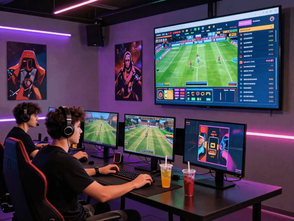 Engaged players participating in Playin exchange sessions at a vibrant online gaming lounge.