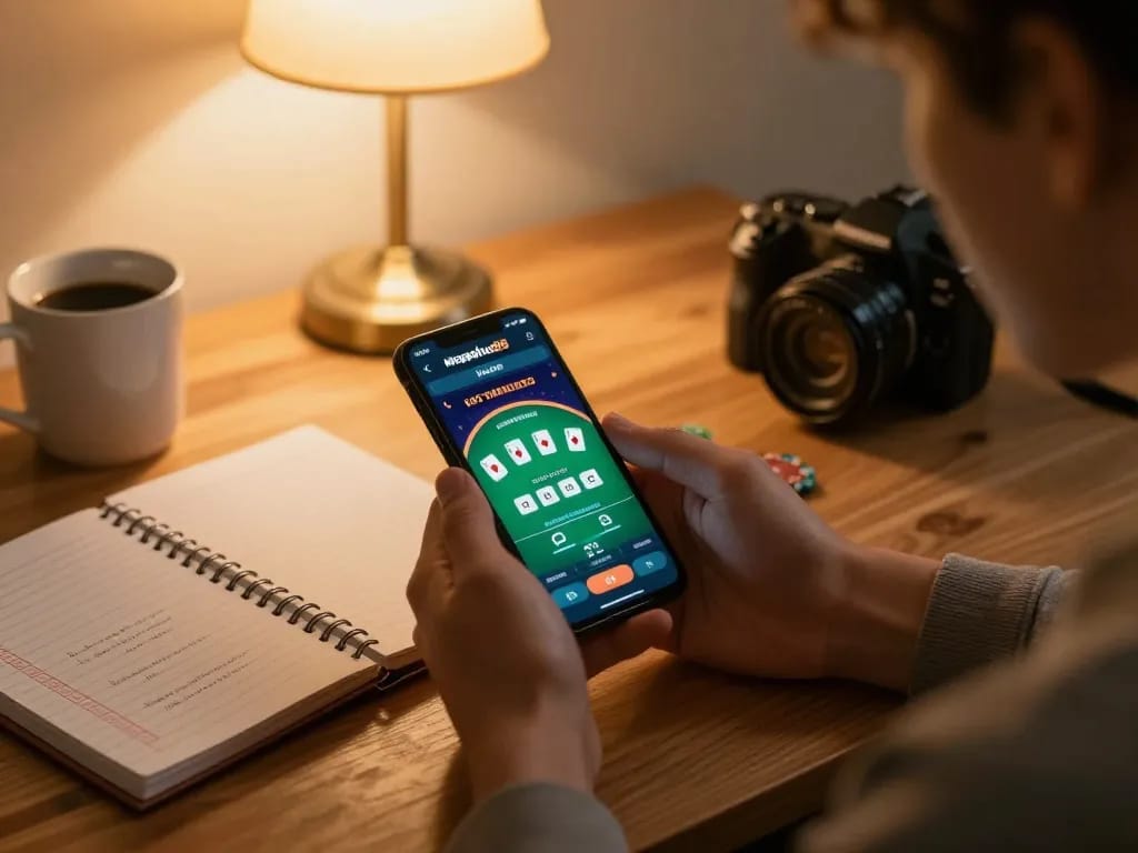 Engaged player using the megaplus88 app for online poker in a warm home environment.