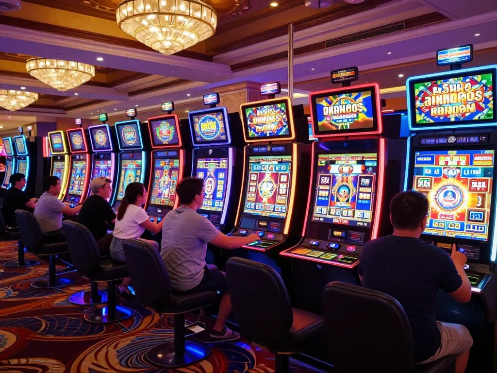 Players enjoying the lively atmosphere at du88's slot machine area, engaging in thrilling spins and expressive reactions.