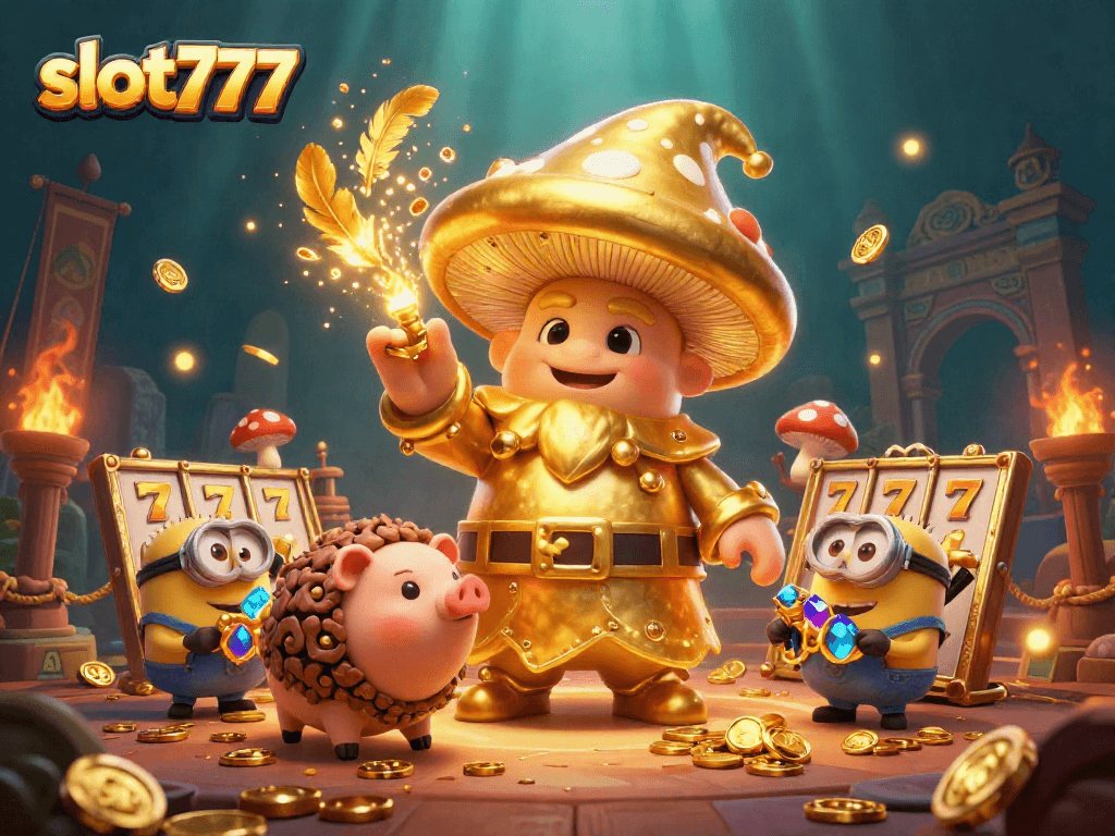 Experience slot777 excitement with a golden mushroom wizard and treasures in an enchanting casino world.
