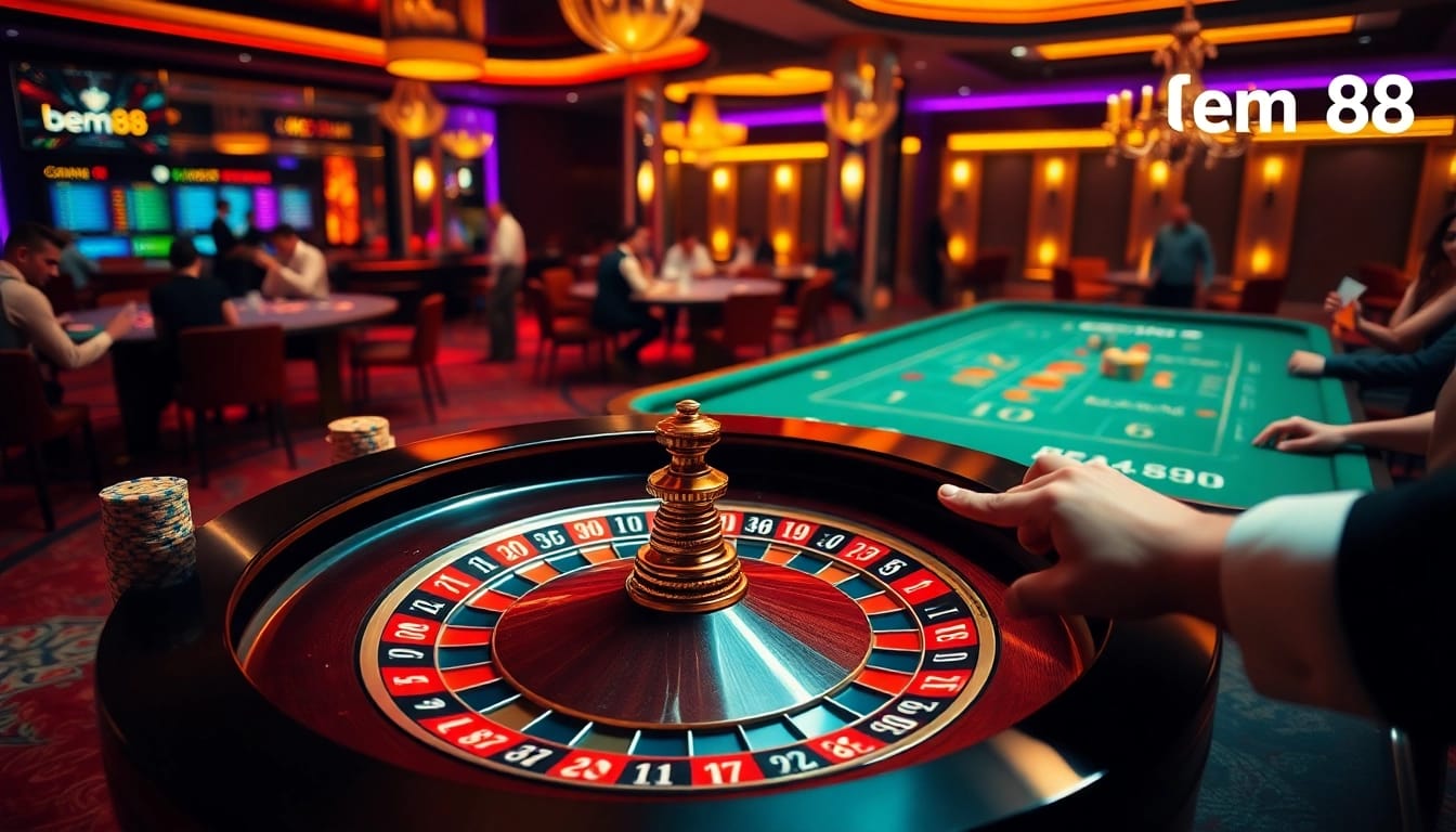 Exciting casino scene with players engaged in bem88 games, showcasing roulette and poker action.