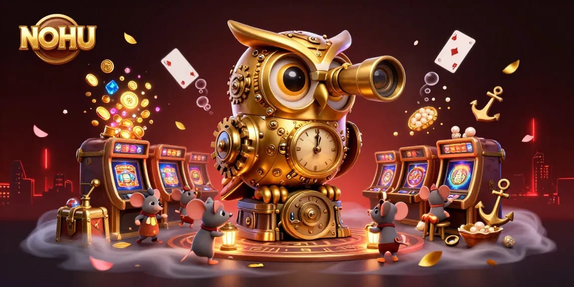 NOHU casino scene with a clockwork owl and mice playing amid slot machines and sparkling gems.