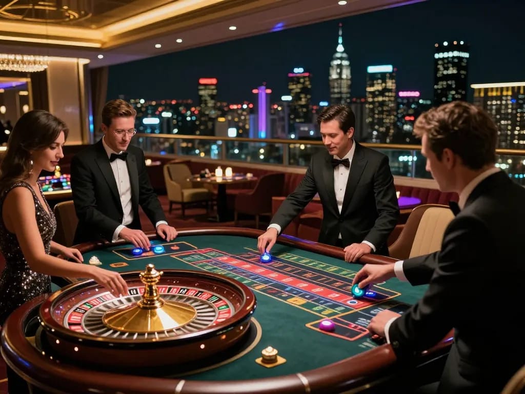 sunwin players betting at a roulette table in a luxurious rooftop casino