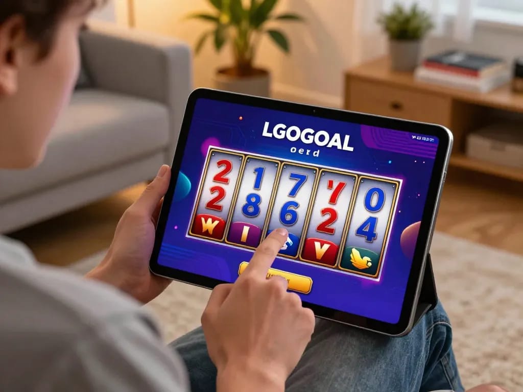 Experience LGOGOAL excitement while engaging with an online casino app in a cozy home.