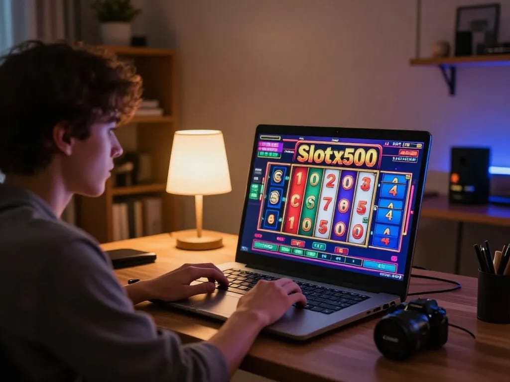 Player engaging with vibrant Slot x500 online gaming interface at home, capturing excitement and anticipation.