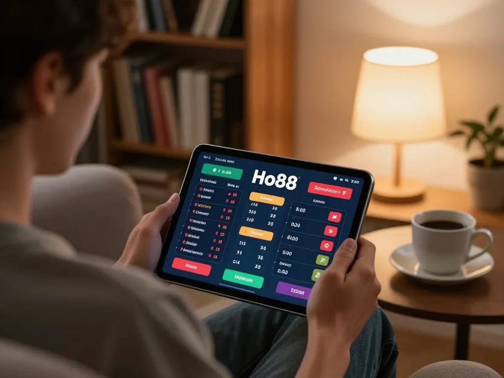 Experience online sports betting at Ho88 from a cozy living room setup with tablet and coffee.