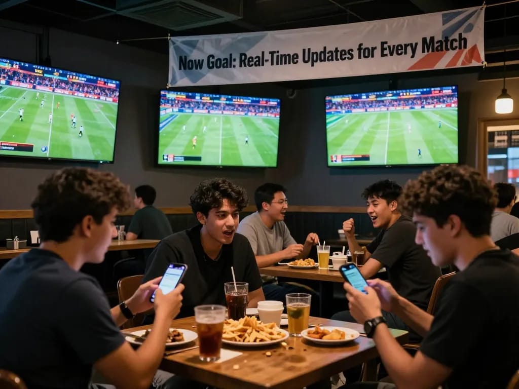 Fans enjoying live football scores at Now Goal in a vibrant sports bar atmosphere.