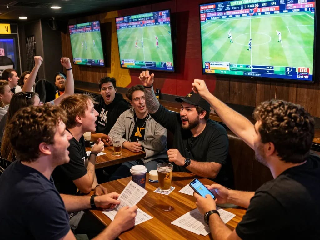 LV88 sports betting enthusiasts cheering during live game, engaging with their betting slips.