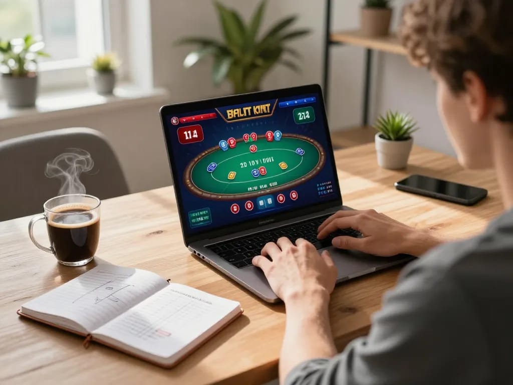 Person engaging in online gambling with TR88 on laptop, showcasing strategy notes and a vibrant gaming interface.