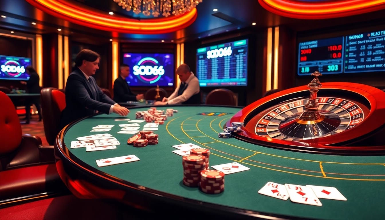 SODO66 gaming scene with poker chips and roulette wheel in a luxurious casino